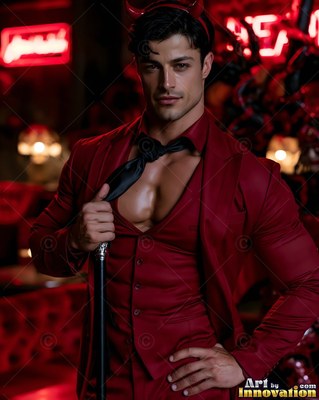 Man in devil horns and an unbuttoned red suit holding a black tie