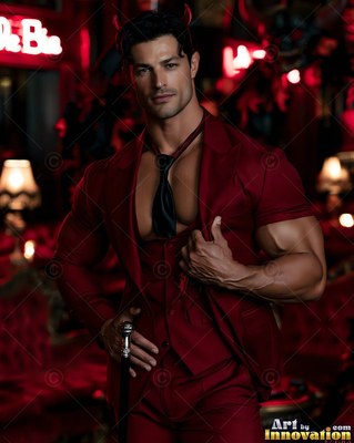 Small red devil horns sit on a muscular man in an open maroon suit inside a dim red room
