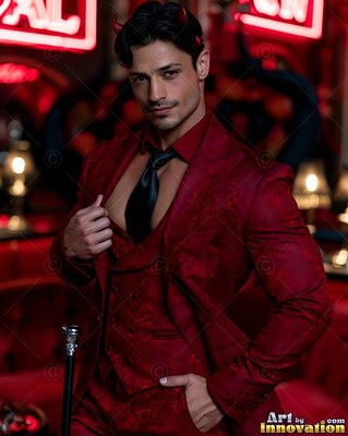 A man poses in a red devil suit under soft red neon light