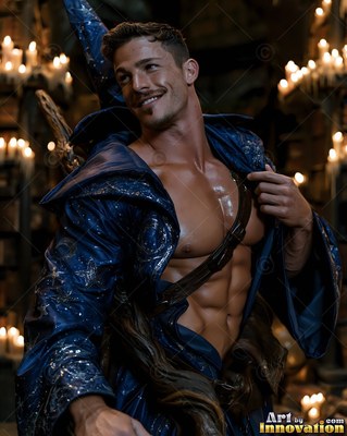 Turned sideways in a dark library, a smiling bare-chested man has on a blue wizard robe