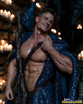 A muscular man smiles in an open blue wizard robe by candlelight