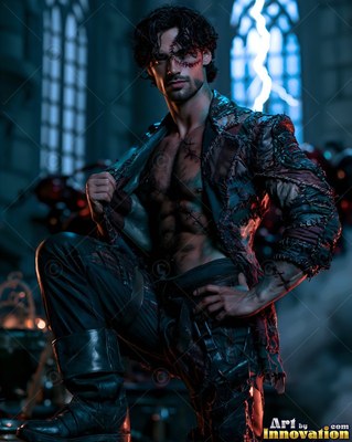 Man with scars posing bare-chested in an open patchwork coat