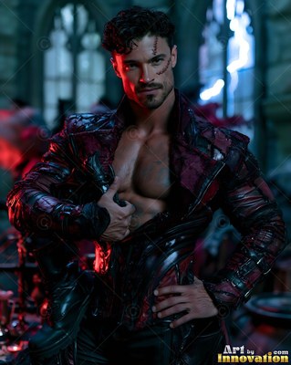 A scar on his face, a muscular man stands in a dark red coat inside a stone hall under blue lightning