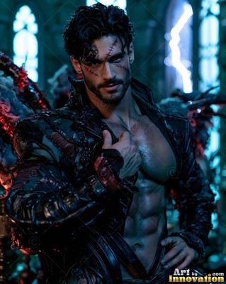 A scarred man holds open his dark jacket with bare chest in cool blue light