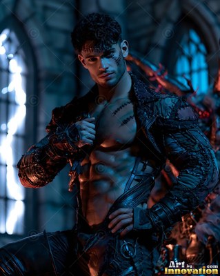 Turned toward us inside a dark stone room, a man pulls open his jacket