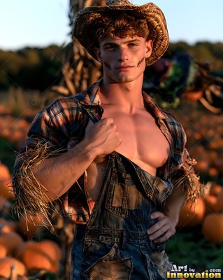 A bare-chested man in a scarecrow costume stands in an evening pumpkin patch