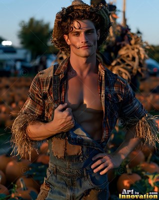 In a pumpkin patch, a man in a straw hat and scarecrow costume bares his chest