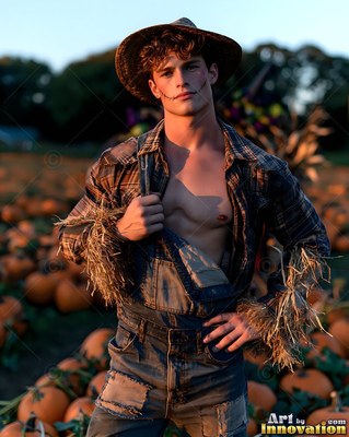 Posing in a pumpkin patch, a bare-chested man sports scarecrow overalls and a hat