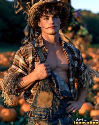 A man dressed as a scarecrow in an open shirt in a pumpkin patch