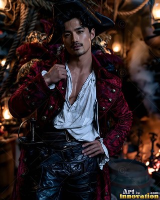 A red velvet coat hangs open on a pirate man posing inside a dark wooden ship cabin