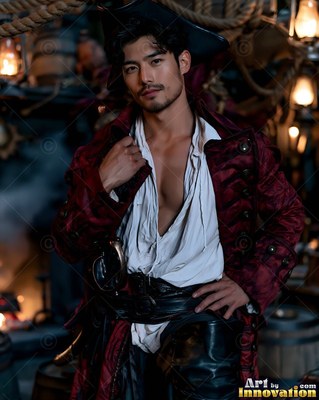 A man poses in an open pirate coat lit by soft lantern light in the dark background