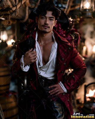 Standing on a dim ship deck, a man poses in a red pirate coat with an open shirt