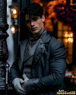 A handsome man in a dark gray suit and coat leans by a lamppost at dusk
