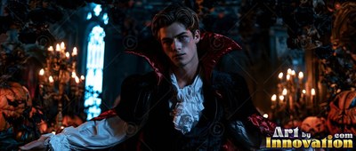 In a dark gothic hall, a man in a vampire cape stands by candlelight
