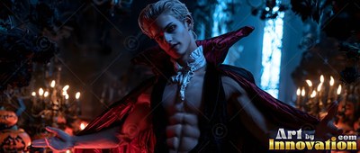 Spreading his arms wide, a shirtless man in a red vampire cape poses near candles