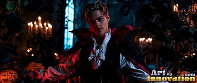 Man in a vampire cape and ruffled shirt in dark candlelight