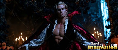 A ruffled white shirt opens over a bare chest as a blond man in a red cape poses in a dark room
