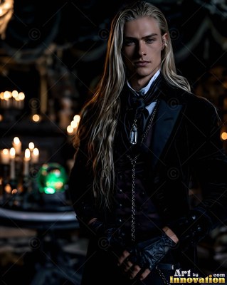 A blond man stands in a dark velvet vampire coat near green candle light