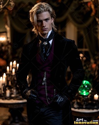 Facing forward in a candlelit room, a blond man sports a dark vampire suit