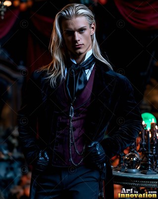 A blond man poses as a vampire in a black velvet coat and dark red vest