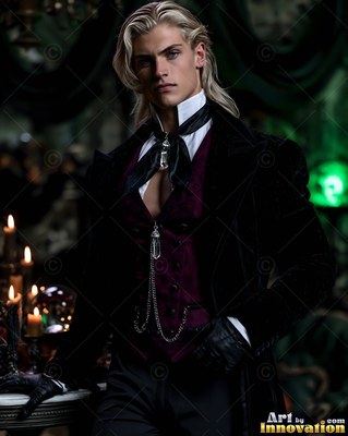 In a dark room with green light, a blond man poses in a vampire costume