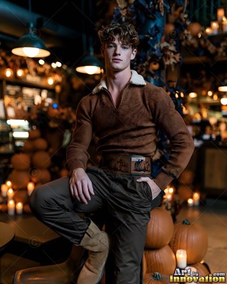 Resting one boot on a chair, a young man in a brown sweater poses by pumpkins