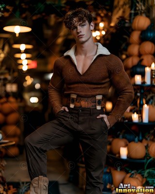 A man in a brown sweater poses by pumpkins in warm light