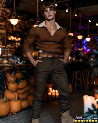Brown open-collar sweater on a man standing in a dim cafe surrounded by pumpkins