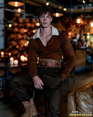 A young man sits on a stool wearing a brown cropped sweater in warm candle light