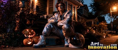 Crouching on front steps, a man wears a silver astronaut suit beside jack-o'-lanterns