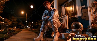 A young man in a silver astronaut suit sits on front porch steps at night