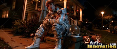 On porch steps at night, a man in a silver astronaut suit sits near carved pumpkins