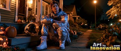Sitting on porch steps, a young man wears a silver astronaut suit beside jack-o'-lanterns