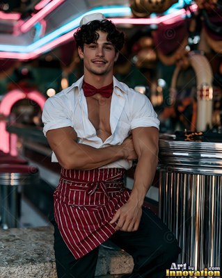 A man in an open white shirt and red apron leans on a counter