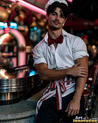 A red bow tie dresses a man in a baker costume leaning by a diner counter