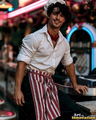 A cheerful man in a chef hat leans against a diner counter under pink neon lights