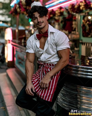 Leaning against a chrome diner counter, a cheerful man is wearing a striped apron