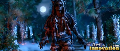 A man in a werewolf costume walks through a dark blue forest under a full moon