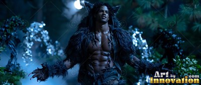 In a dark misty forest, a muscular man poses in a werewolf costume with bare chest