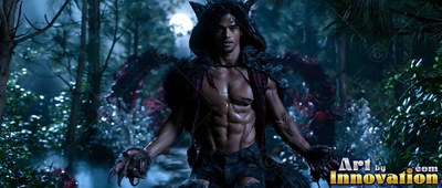Prowling in dark woods under moonlight, a shirtless man has on a black wolf hood