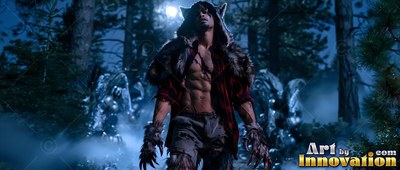 Bare-chested man in a werewolf hood walks through misty night woods