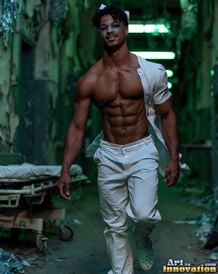 Open white nurse shirt on a muscular man walking down a dark green hallway