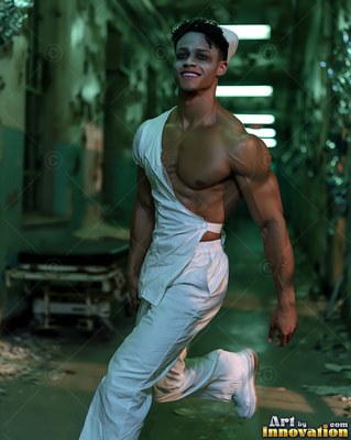 A man with a smile walks in a ruined hospital hall in a half-open white nurse outfit under green light