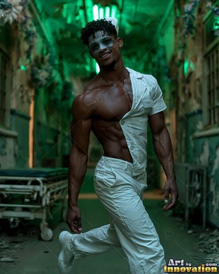 Striding through a green hospital hallway, a man sports open white scrubs