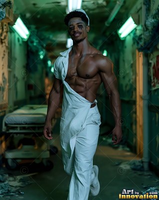 A muscular man walks down a dark green hospital hall in an unbuttoned white jumpsuit