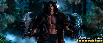 Prowling in a dark forest, a bare-chested werewolf man wears a furry hooded cloak