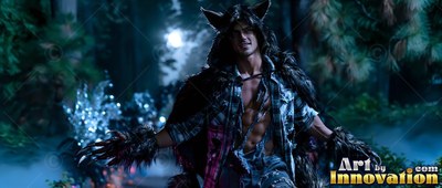 Wolf ears sit on a werewolf man with an open plaid shirt standing in a dark forest