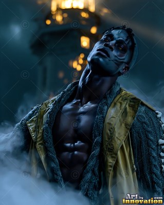 A man in an open yellow coat tilts his head up in the cool blue fog