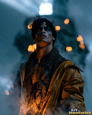 Looking up from below, a man in a yellow jacket stands in dark smoky mist