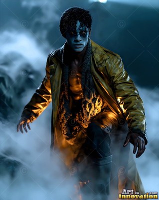 A pale man in an open yellow coat steps forward through cool fog